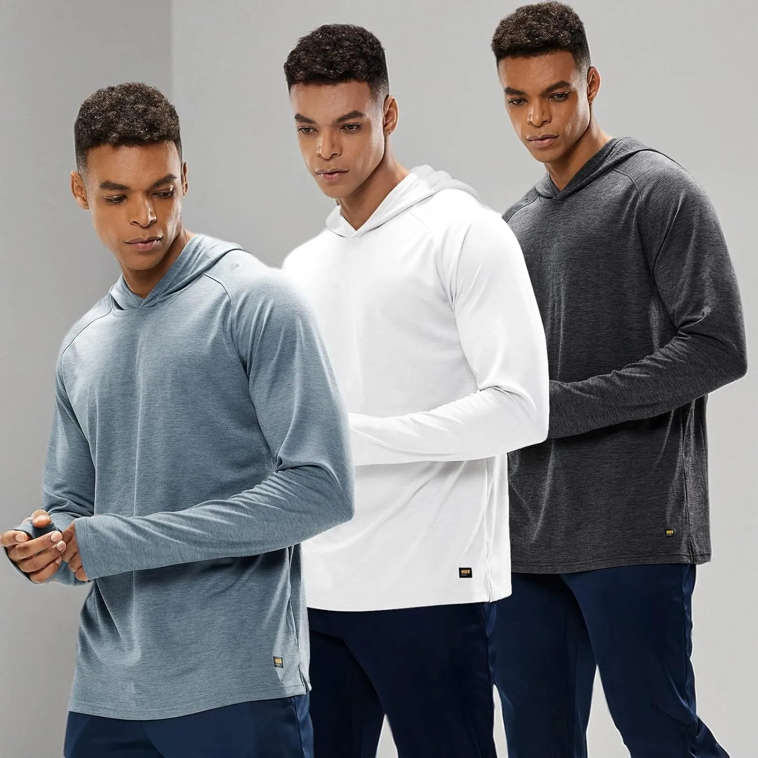 MIER Men's UPF 50  Sun Protection Hoodie Long Sleeve SPF Fishing Hiking Thumbhole Hooded Shirts Quick Dry, 3 Pack
