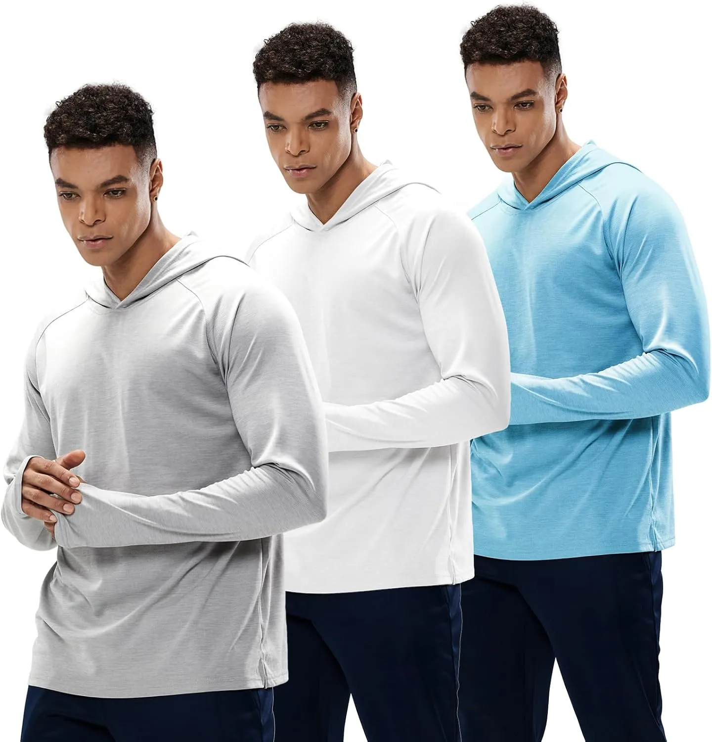 MIER Men's UPF 50  Sun Protection Hoodie Long Sleeve SPF Fishing Hiking Thumbhole Hooded Shirts Quick Dry, 3 Pack