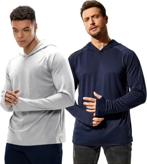 MIER Men's UPF 50  Sun Protection Hoodie Long Sleeve SPF Fishing Hiking Thumbhole Shirts Hooded Quick Dry, 2 Pack