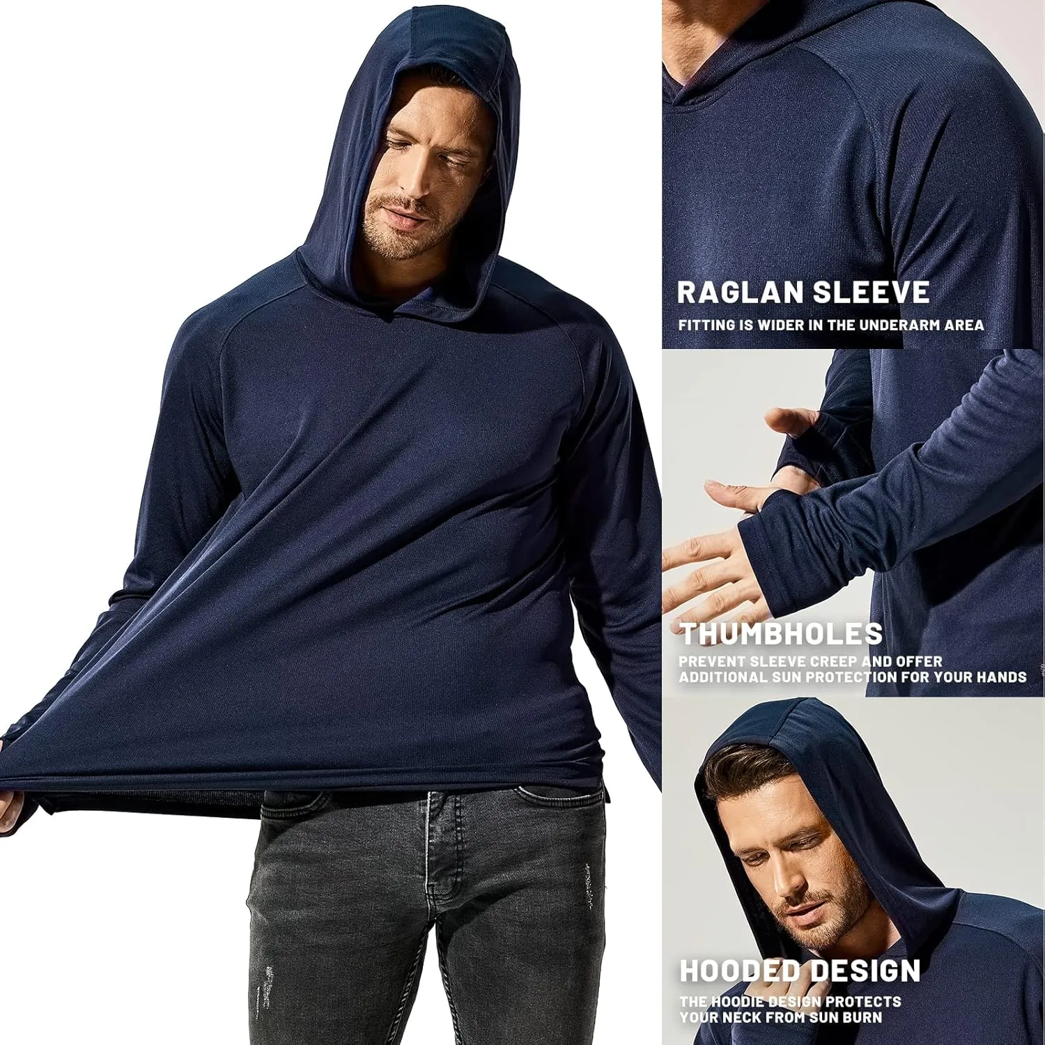 MIER Men's UPF 50  Sun Protection Hoodie Long Sleeve SPF Fishing Hiking Thumbhole Shirts Hooded Quick Dry, 2 Pack