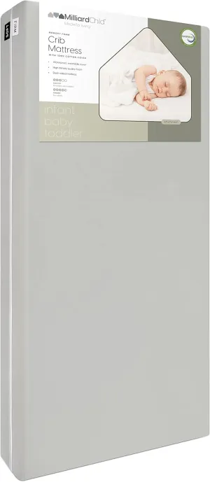 Milliard Memory Foam Crib Mattress, New Edition, Flip Technology, Firm Side for Baby and Soft Side for Toddler - 100% Cotton Cover, Made in The USA, 5.5x52x27.5 in.