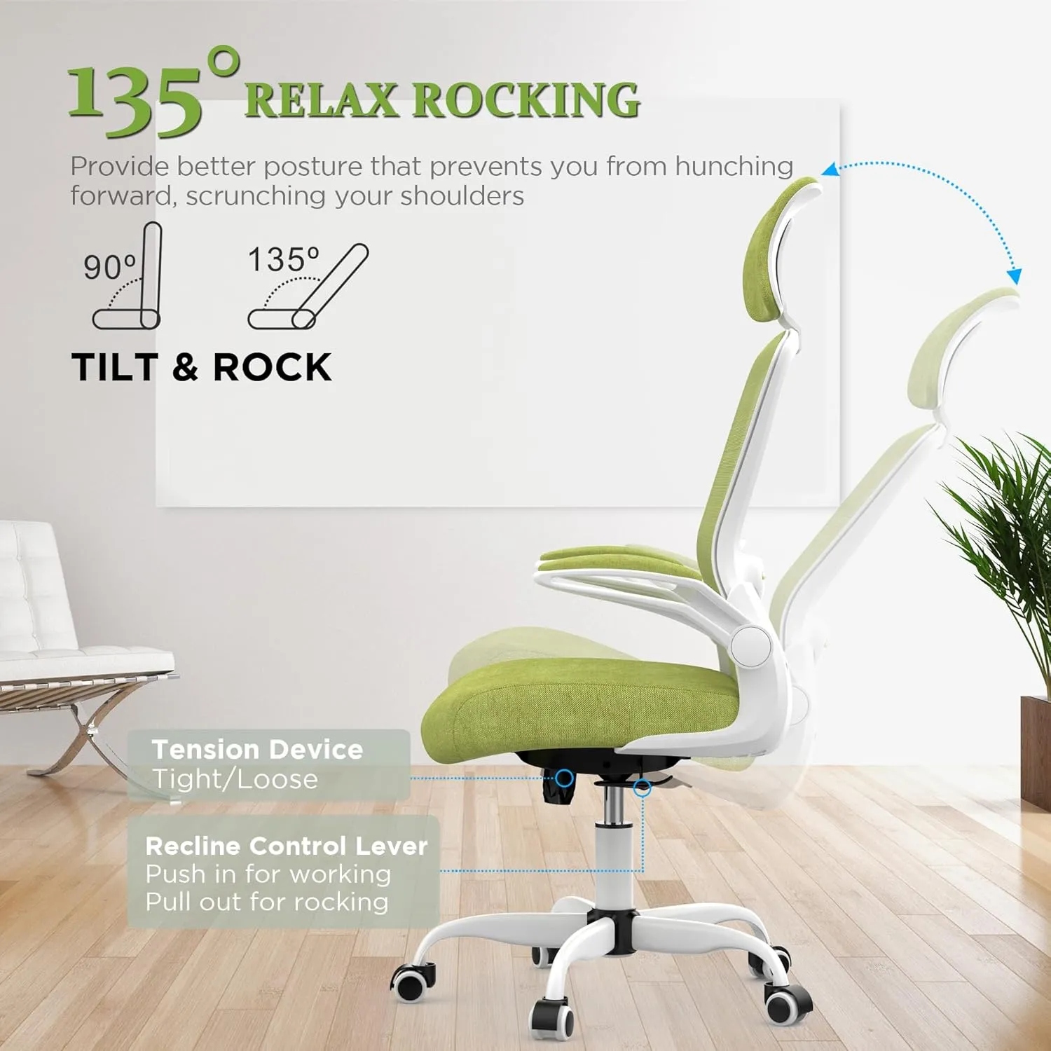 Mimoglad Office Chair, High Back Ergonomic Desk Chair with Adjustable Lumbar Support and Headrest, Swivel Task Chair with flip-up Armrests for Guitar Playing (Modern, Green Pear)