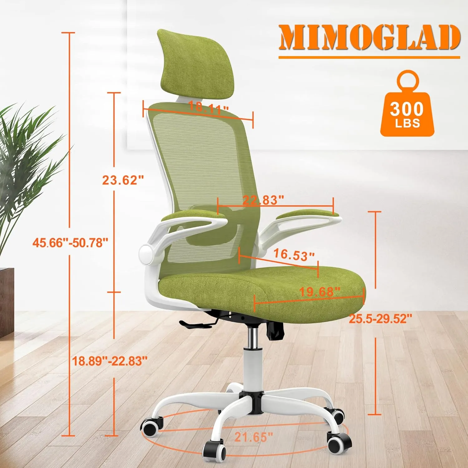 Mimoglad Office Chair, High Back Ergonomic Desk Chair with Adjustable Lumbar Support and Headrest, Swivel Task Chair with flip-up Armrests for Guitar Playing (Modern, Green Pear)