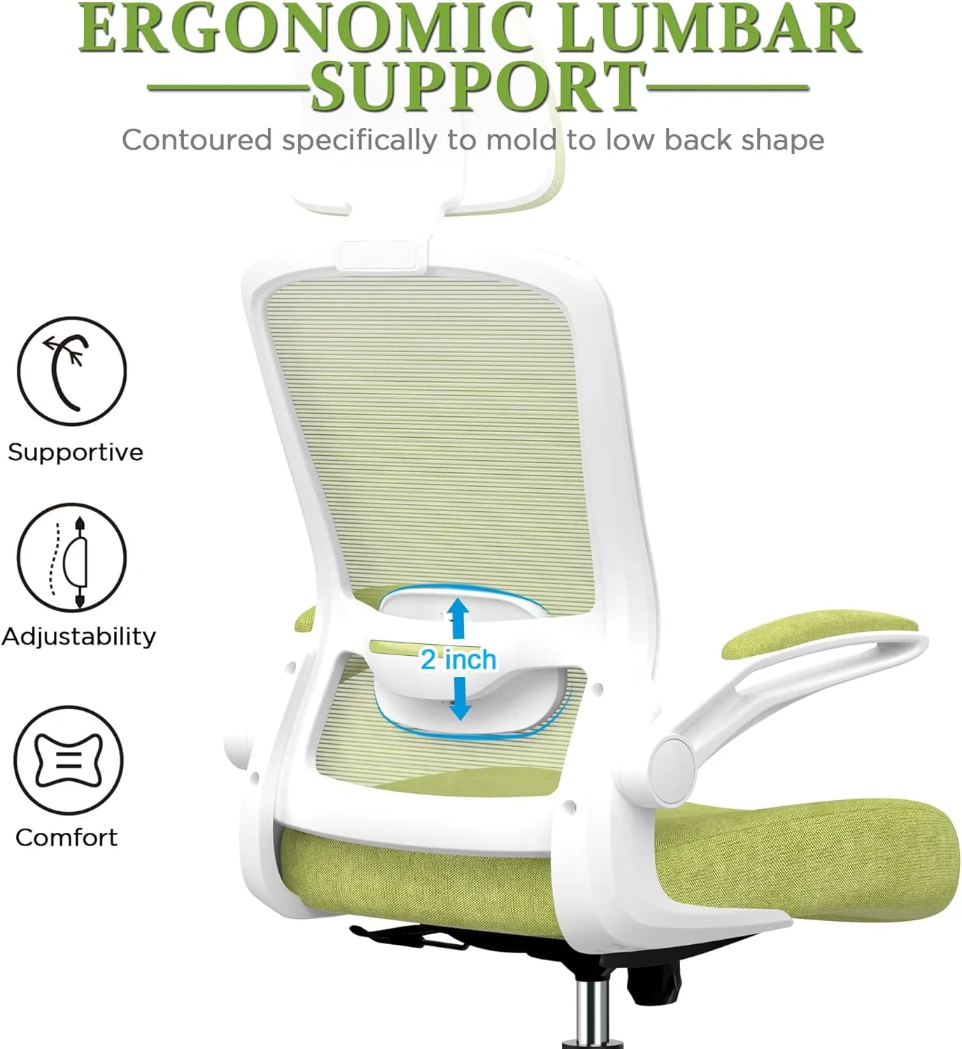 Mimoglad Office Chair, High Back Ergonomic Desk Chair with Adjustable Lumbar Support and Headrest, Swivel Task Chair with flip-up Armrests for Guitar Playing (Modern, Green Pear)