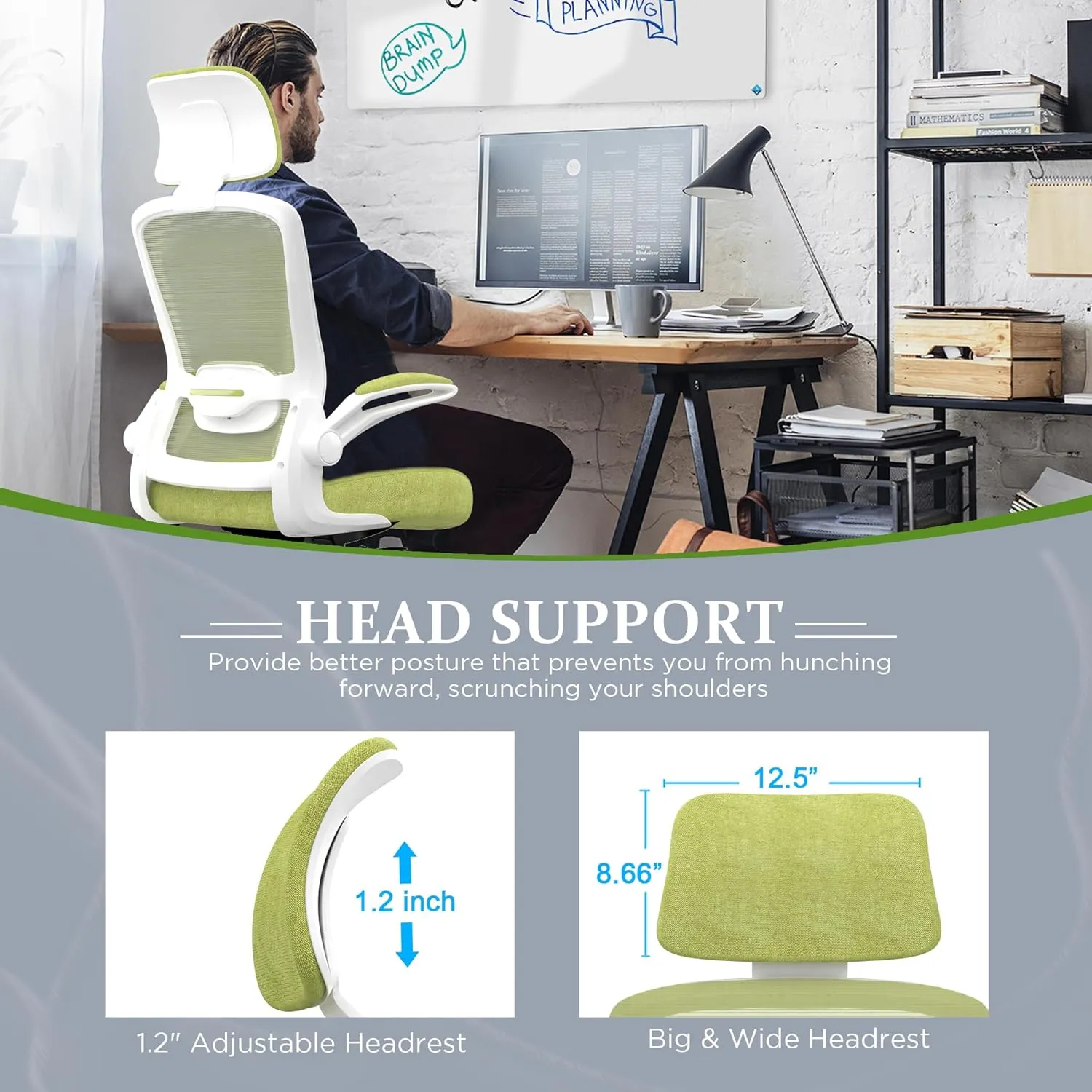 Mimoglad Office Chair, High Back Ergonomic Desk Chair with Adjustable Lumbar Support and Headrest, Swivel Task Chair with flip-up Armrests for Guitar Playing (Modern, Green Pear)