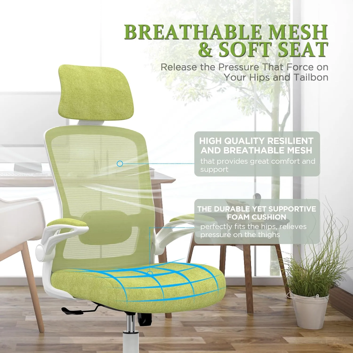 Mimoglad Office Chair, High Back Ergonomic Desk Chair with Adjustable Lumbar Support and Headrest, Swivel Task Chair with flip-up Armrests for Guitar Playing (Modern, Green Pear)