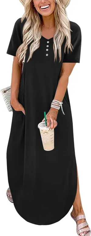 MOLERANI Women's Summer Maxi Dress 2025 Short Sleeve V Neck Casual Loose Sundress Long Beach Split Dresses with Pockets