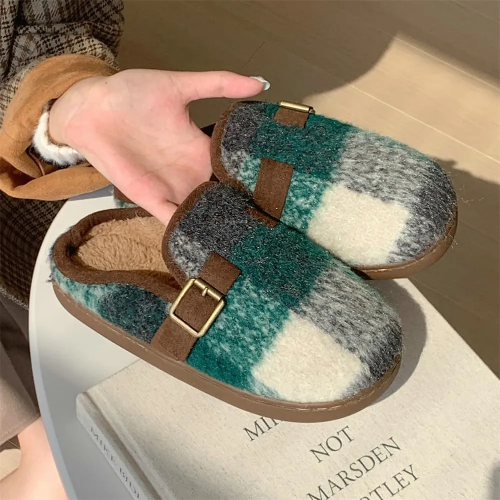 Molodo Plush Checkered Women's Slippers Two-Tone Plaid Colors Winter Warm Slippers Furry Anti-skid House Shoes Indoor Outdoor