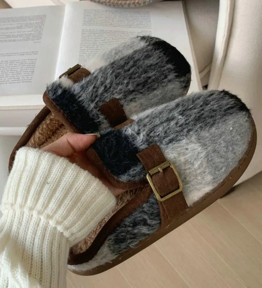 Molodo Plush Checkered Women's Slippers Two-Tone Plaid Colors Winter Warm Slippers Furry Anti-skid House Shoes Indoor Outdoor