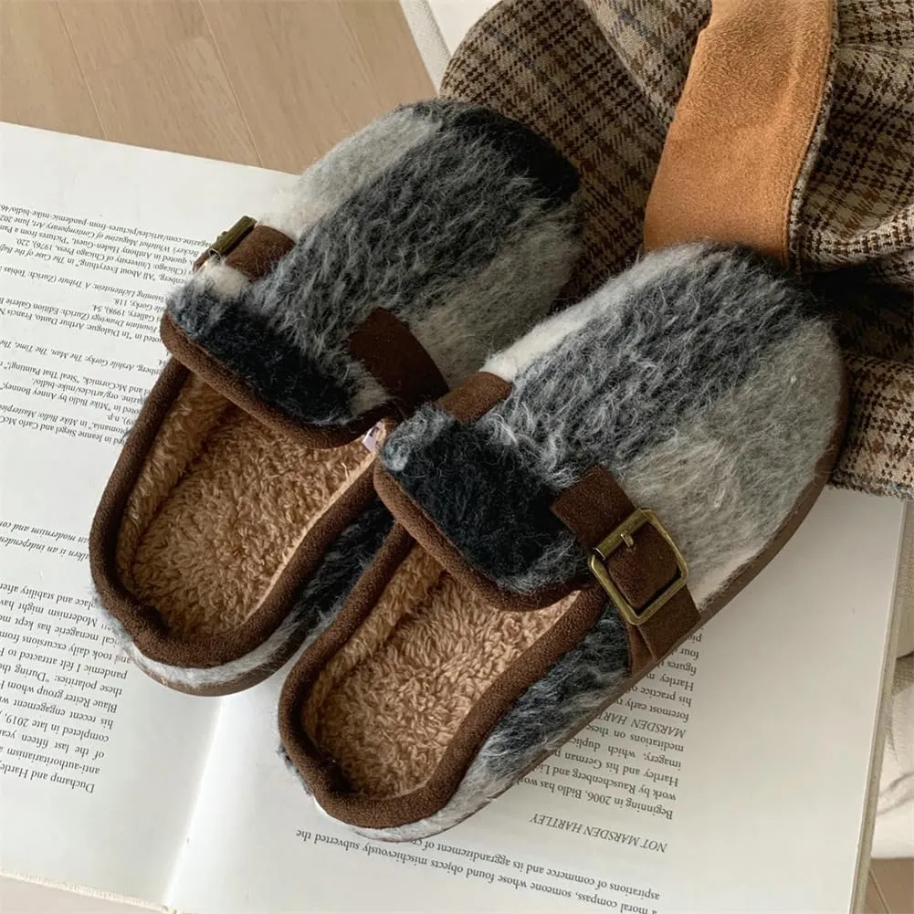 Molodo Plush Checkered Women's Slippers Two-Tone Plaid Colors Winter Warm Slippers Furry Anti-skid House Shoes Indoor Outdoor