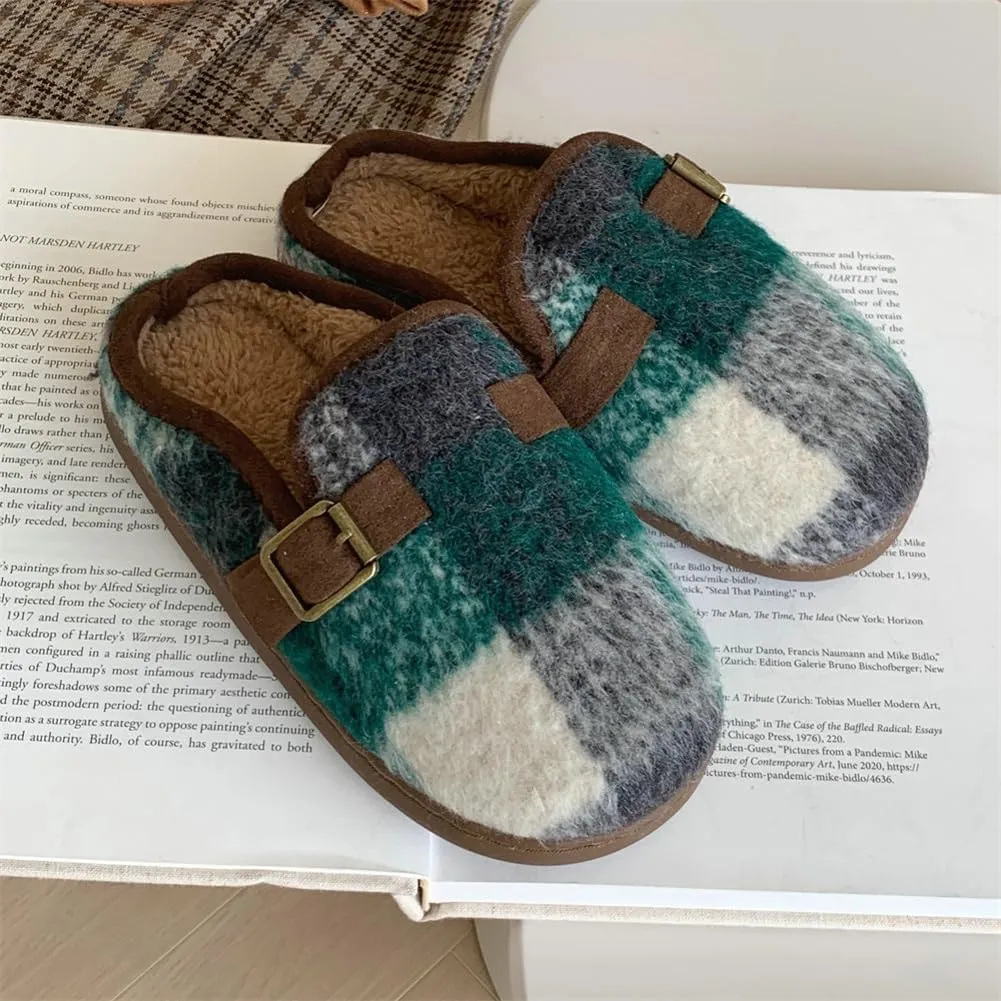 Molodo Plush Checkered Women's Slippers Two-Tone Plaid Colors Winter Warm Slippers Furry Anti-skid House Shoes Indoor Outdoor