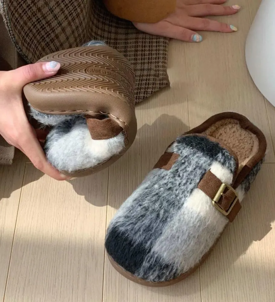 Molodo Plush Checkered Women's Slippers Two-Tone Plaid Colors Winter Warm Slippers Furry Anti-skid House Shoes Indoor Outdoor