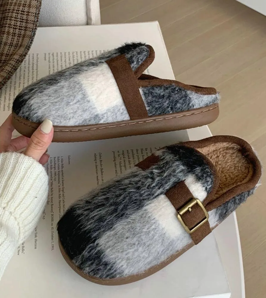 Molodo Plush Checkered Women's Slippers Two-Tone Plaid Colors Winter Warm Slippers Furry Anti-skid House Shoes Indoor Outdoor