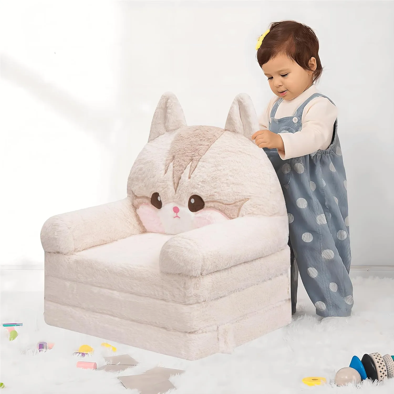 MONKISS Kids Couch, Comfy Toddler Chair, 2 in 1 Fold Out Kids Sofa to Lounger, Baby Sleeper Chair, Toddler Furniture, Birthday Gifts for Boys and Girls, 18  Months, Cute Cat