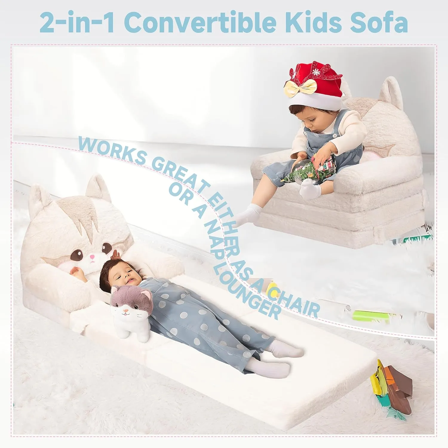 MONKISS Kids Couch, Comfy Toddler Chair, 2 in 1 Fold Out Kids Sofa to Lounger, Baby Sleeper Chair, Toddler Furniture, Birthday Gifts for Boys and Girls, 18  Months, Cute Cat
