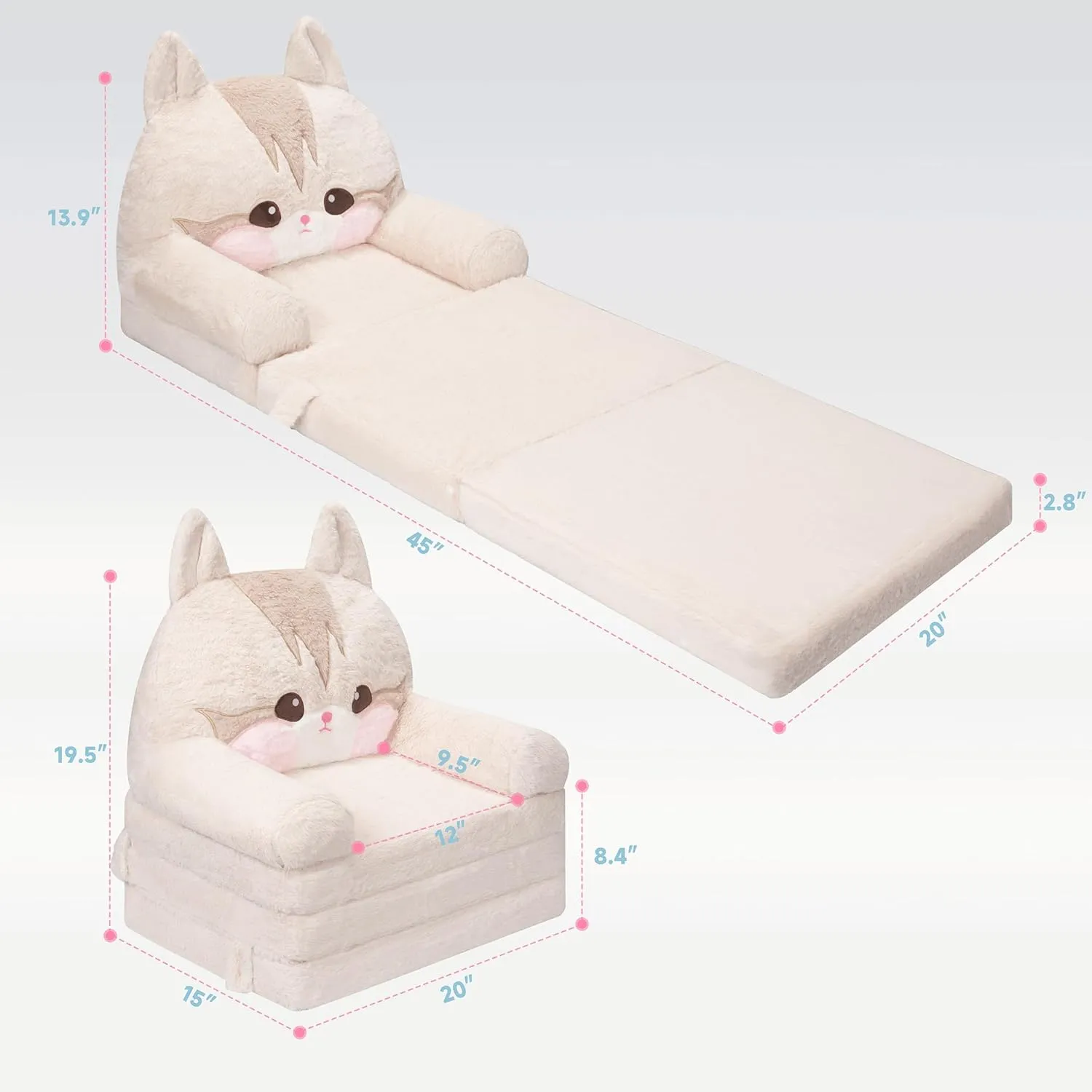 MONKISS Kids Couch, Comfy Toddler Chair, 2 in 1 Fold Out Kids Sofa to Lounger, Baby Sleeper Chair, Toddler Furniture, Birthday Gifts for Boys and Girls, 18  Months, Cute Cat