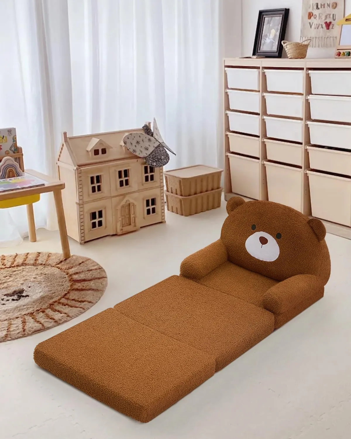 MOONBEEKI Comfy Toddler Chair, Kids Couch Fold Out to Lounger, Foldable Baby Sofa Plush for Girl and Boy Age 18 Months and Up （ Brown Bear）