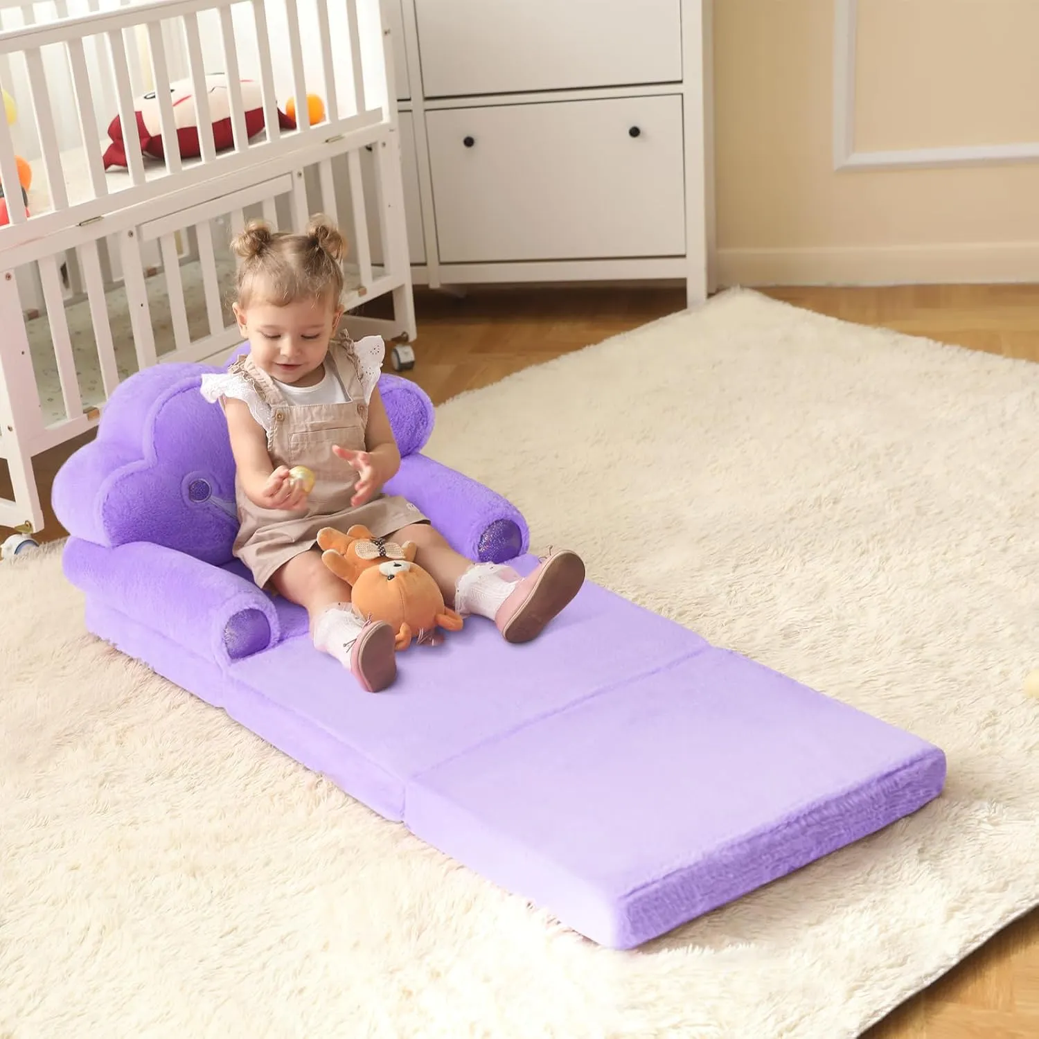 MOONBEEKI Toddler Chair Comfy，Foldable Princess Couch for Girl, Toddler Recliners for Kids Over 18 Months, Kids Sofa Bed Fold Out(Purple)