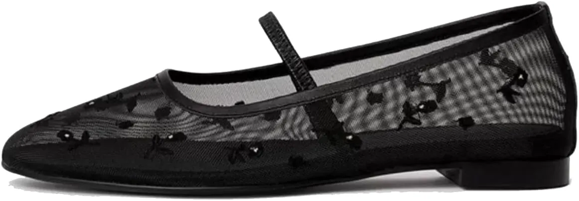 MRKEWUNEY Mesh Ballet Flats for Women Embroidered Floral Mary Jane Flats