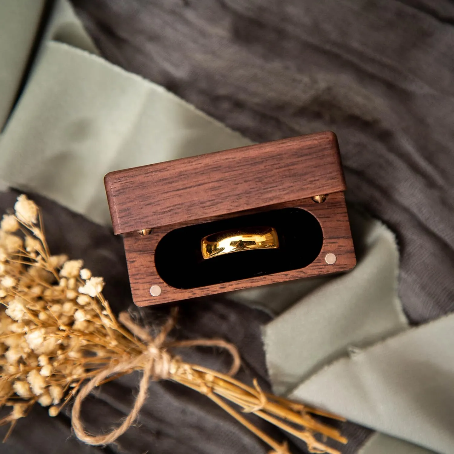 MUUJEE Slim Secret Wood Ring Box - Engagement Proposal Ring Holder, Wedding Ceremony Ring Bearer Box, Fiance Gift Ideas