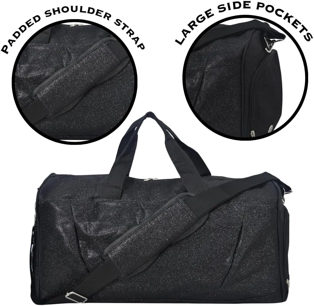 NGIL Glitter Cheers Sports Gym Duffel with Shoe Compartment and Small Carry On Travel Tote for Women, Cheer Bag (Glitter-Black)
