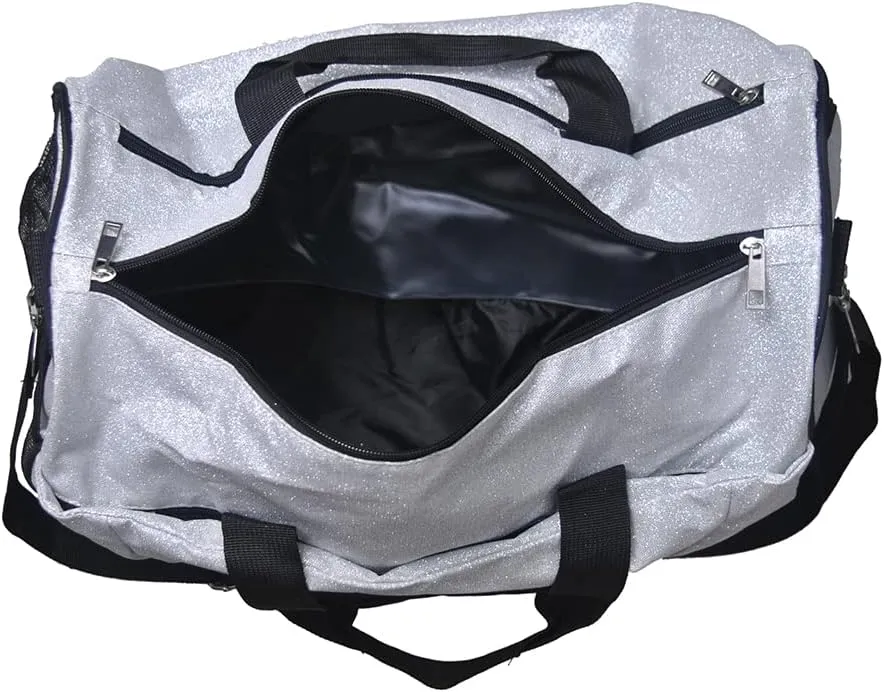 NGIL Glitter Cheers Sports Gym Duffel with Shoe Compartment and Small Carry On Travel Tote for Women, Cheer Bag (Glitter-Silver)
