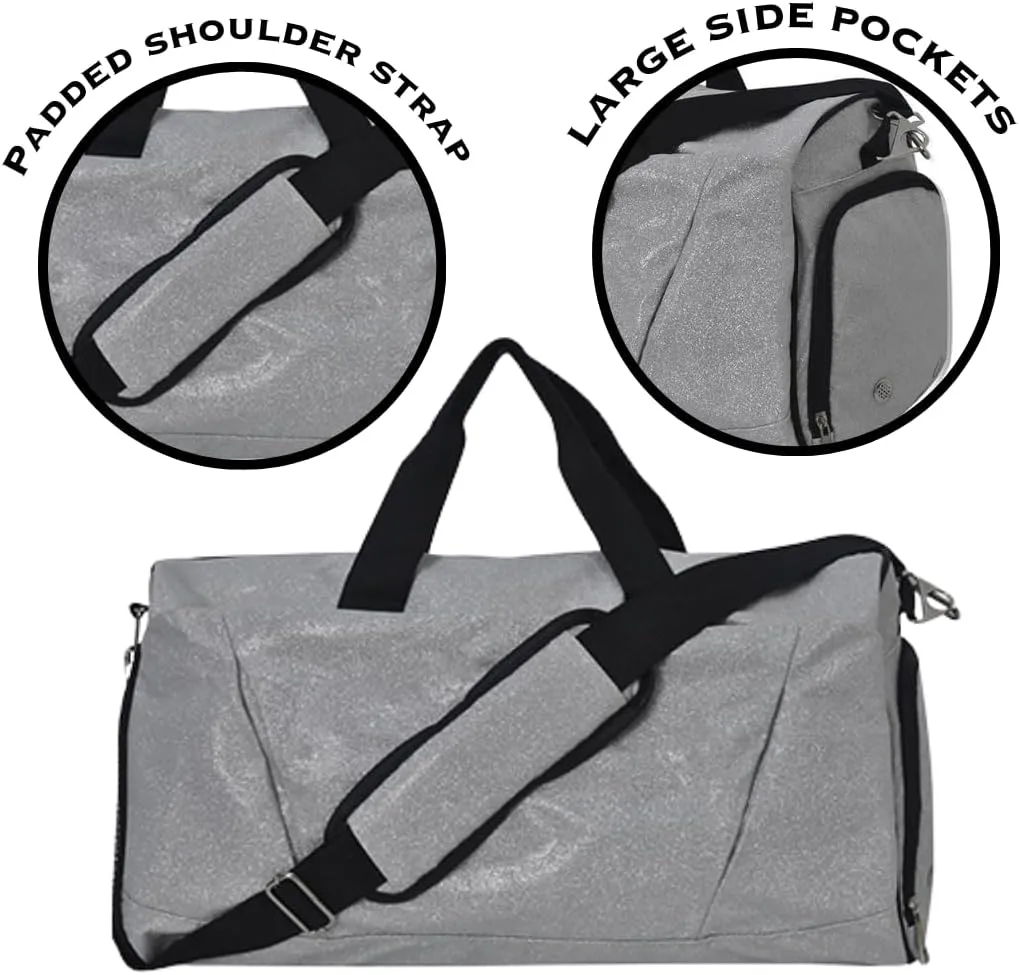 NGIL Glitter Cheers Sports Gym Duffel with Shoe Compartment and Small Carry On Travel Tote for Women, Cheer Bag (Glitter-Silver)