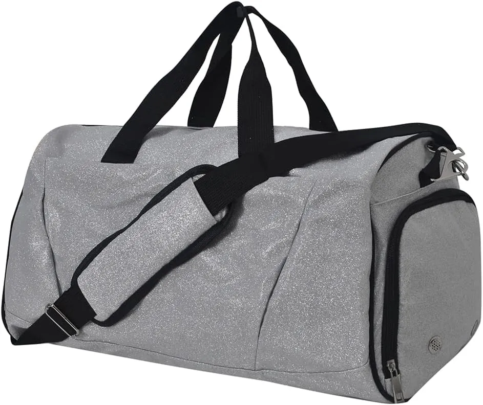 NGIL Glitter Cheers Sports Gym Duffel with Shoe Compartment and Small Carry On Travel Tote for Women, Cheer Bag (Glitter-Silver)