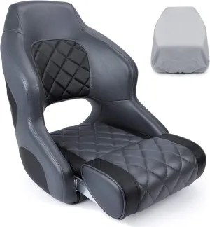 NORTHCAPTAIN Premium Marine Grade Vinyl Captain's Bucket Seat Flip-Up Boat Seat with Seat Cover for Fishing/Pontoon Boats