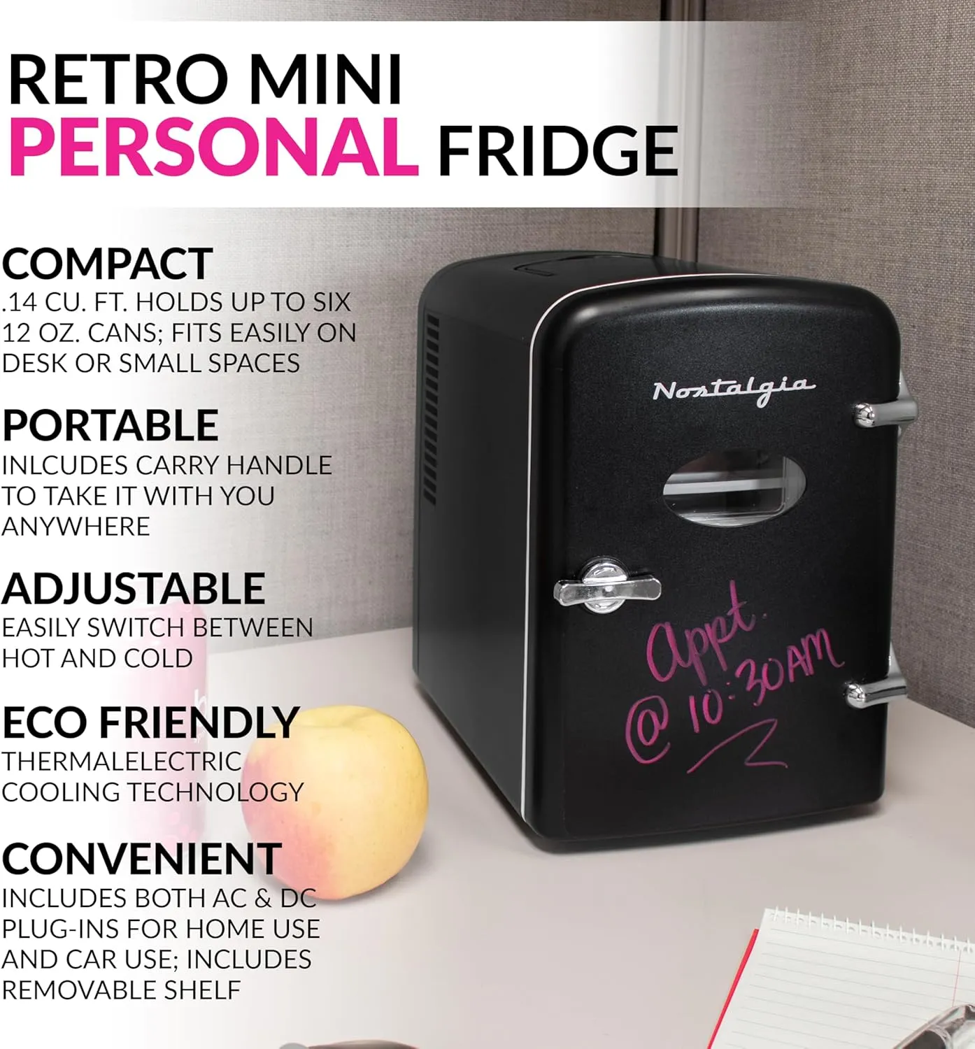 Nostalgia Retro 6-Can Personal Cooling and Heating Mini Refrigerator with Eraser Board Door Carry Handle and Display Window for Home, Office, Car, Boat or Dorm Room, Black