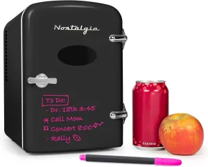 Nostalgia Retro 6-Can Personal Cooling and Heating Mini Refrigerator with Eraser Board Door Carry Handle and Display Window for Home, Office, Car, Boat or Dorm Room, Black
