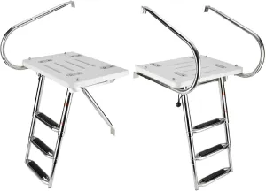 NovelBee 3 Step Universal Inboard Swim Fiberglass Platform Fold Down Ladder with Extra Wide Step and Two Handrails,Under Slide Mount Telescopic Boat Ladder with Mounting Hardware