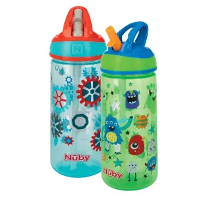 Nuby 2 Pack Iridescent PP Flip-it Kids On-The-Go Printed Water Bottle with Bite Proof Hard Straw - 18oz / 540 ml, 18  Months, 2 pk, Robot & Friendly Monster Print
