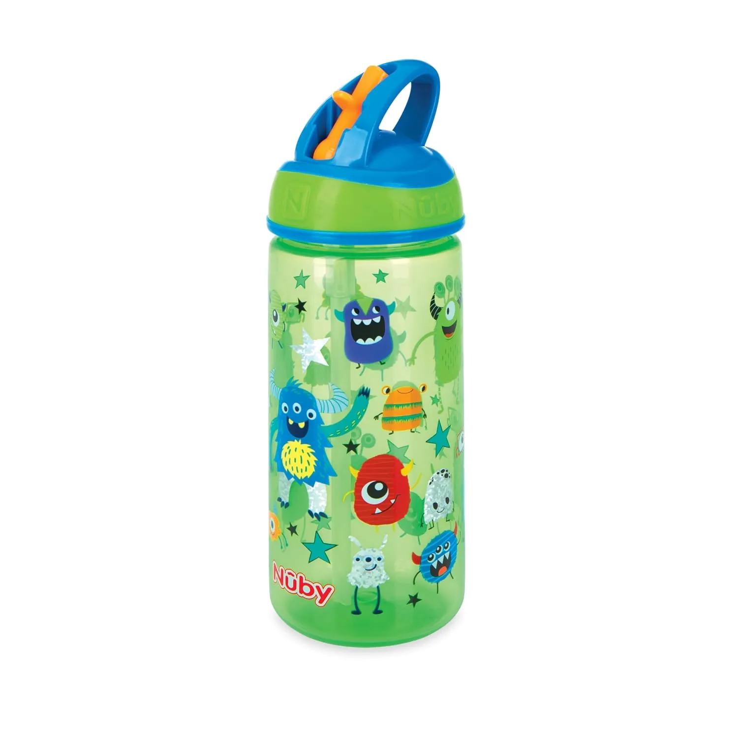 Nuby 2 Pack Iridescent PP Flip-it Kids On-The-Go Printed Water Bottle with Bite Proof Hard Straw - 18oz / 540 ml, 18  Months, 2 pk, Robot & Friendly Monster Print