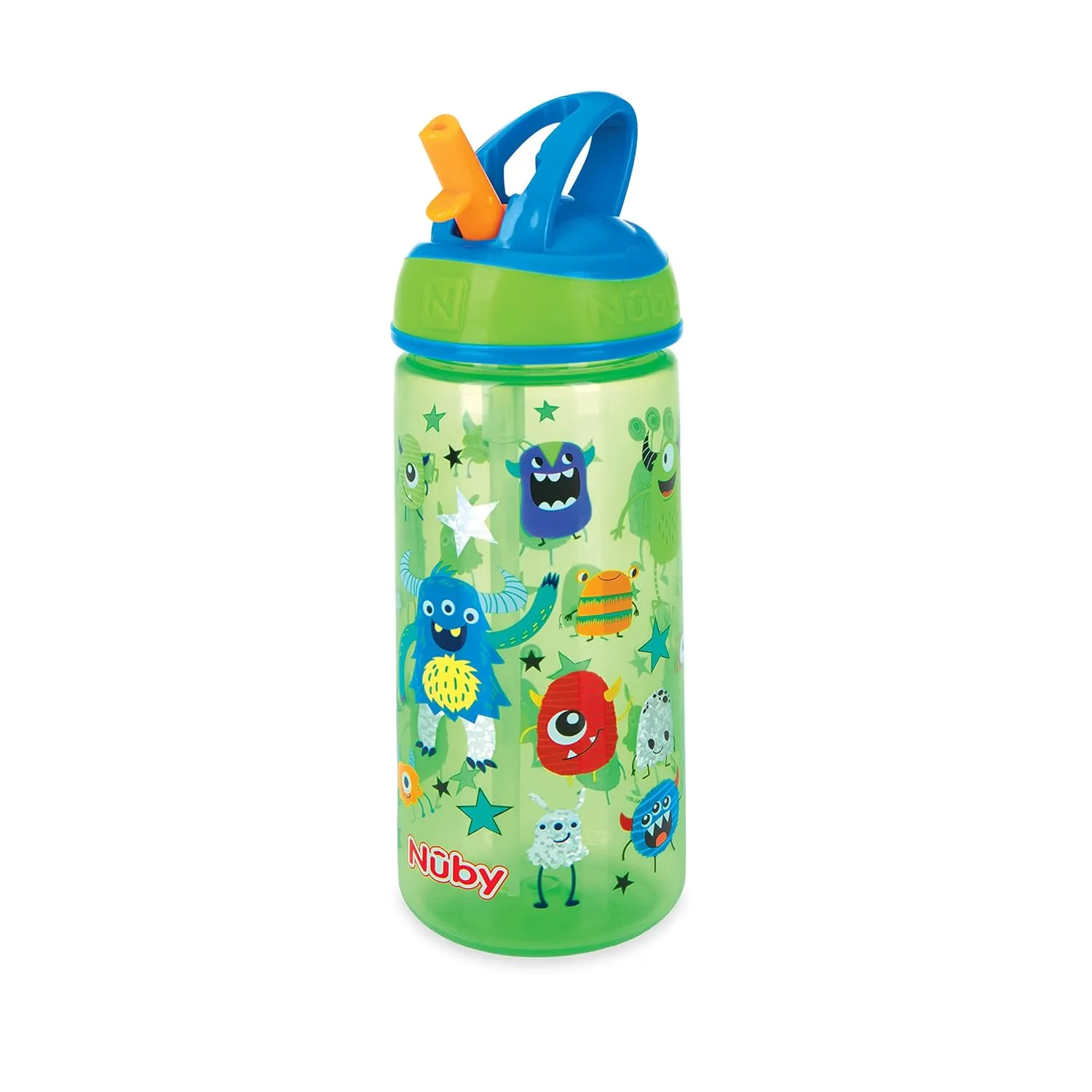 Nuby 2 Pack Iridescent PP Flip-it Kids On-The-Go Printed Water Bottle with Bite Proof Hard Straw - 18oz / 540 ml, 18  Months, 2 pk, Robot & Friendly Monster Print
