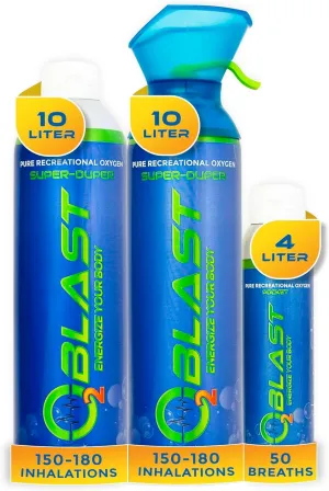 O2 Blast - Portable Oxygen Can Bundle Filled with 99.99% Pure Oxygen, 10L Can with Breathing Mask   10L & 4L Flip-Top Cans – Enhance Energy, Improve Focus, Ideal for Sports, Travel & Outdoor Fitness