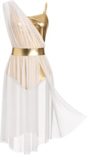 ODASDO Lyrical Dance Costumes for Women Cami Straps Metallic Mesh Tulle Flowy Leotard Dress for Recital Stage Performance
