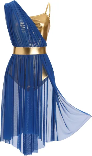 ODASDO Lyrical Dance Costumes for Women Cami Straps Metallic Mesh Tulle Flowy Leotard Dress for Recital Stage Performance