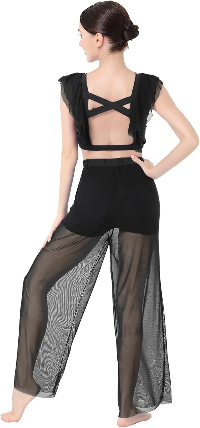 ODASDO Women Two Piece Lyrical Dance Costumes Criss Cross Crop Tops   Mesh Tulle Wide Leg Pants Modern Contemporary Dancewear