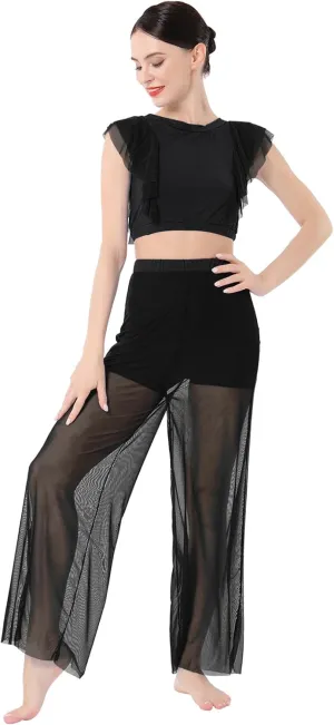 ODASDO Women Two Piece Lyrical Dance Costumes Criss Cross Crop Tops   Mesh Tulle Wide Leg Pants Modern Contemporary Dancewear