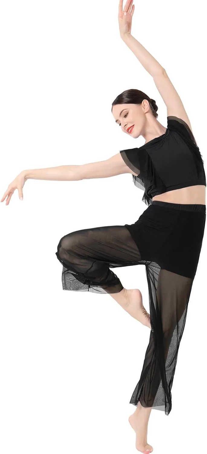 ODASDO Women Two Piece Lyrical Dance Costumes Criss Cross Crop Tops   Mesh Tulle Wide Leg Pants Modern Contemporary Dancewear