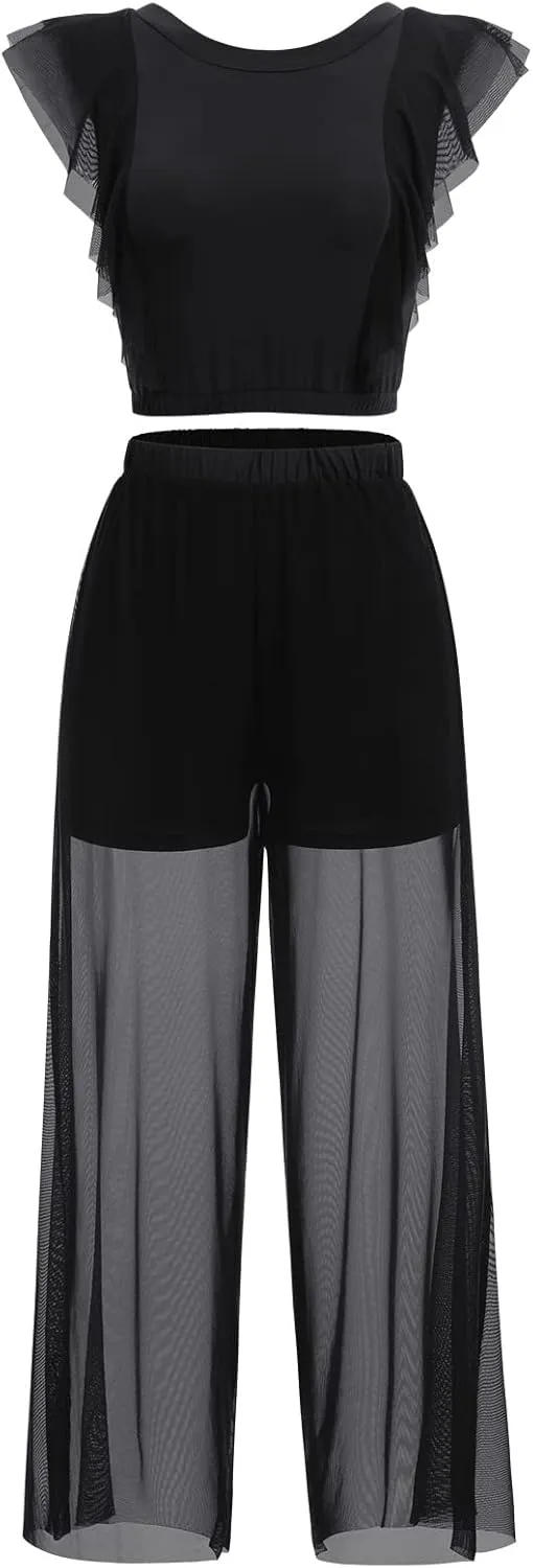 ODASDO Women Two Piece Lyrical Dance Costumes Criss Cross Crop Tops   Mesh Tulle Wide Leg Pants Modern Contemporary Dancewear