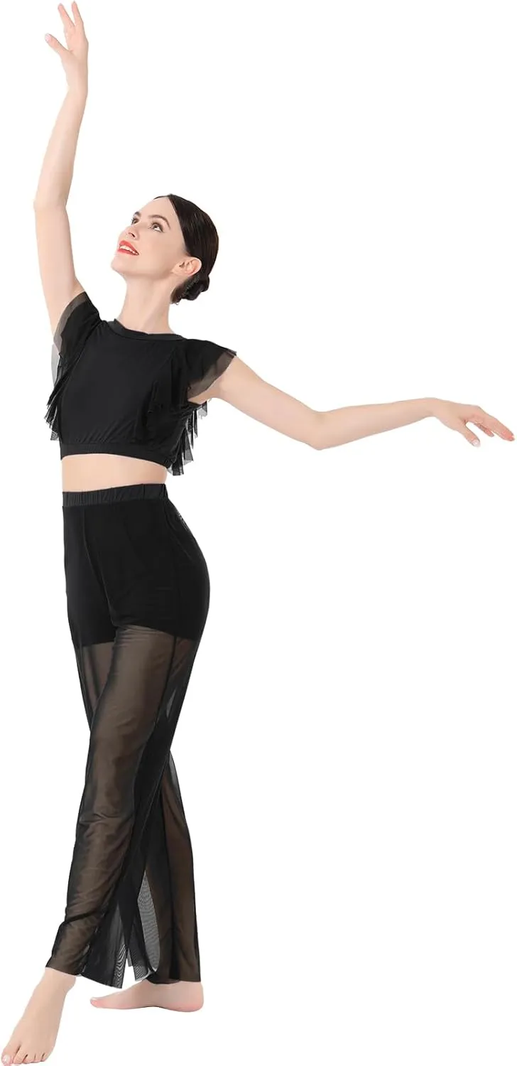 ODASDO Women Two Piece Lyrical Dance Costumes Criss Cross Crop Tops   Mesh Tulle Wide Leg Pants Modern Contemporary Dancewear