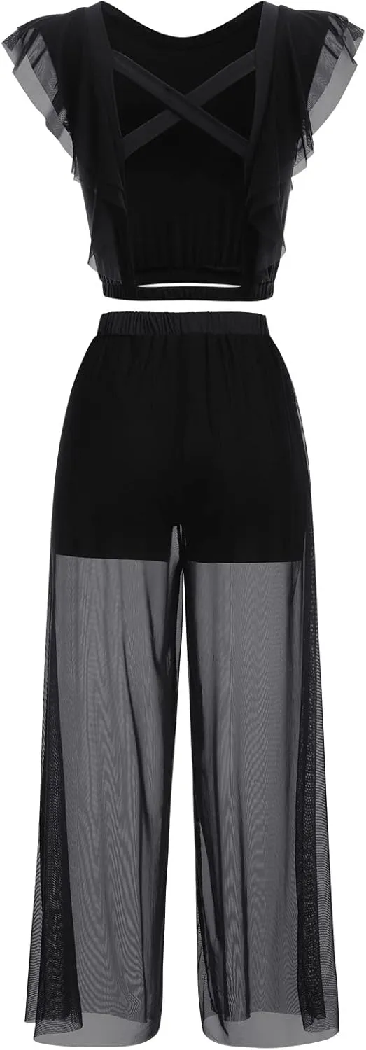 ODASDO Women Two Piece Lyrical Dance Costumes Criss Cross Crop Tops   Mesh Tulle Wide Leg Pants Modern Contemporary Dancewear