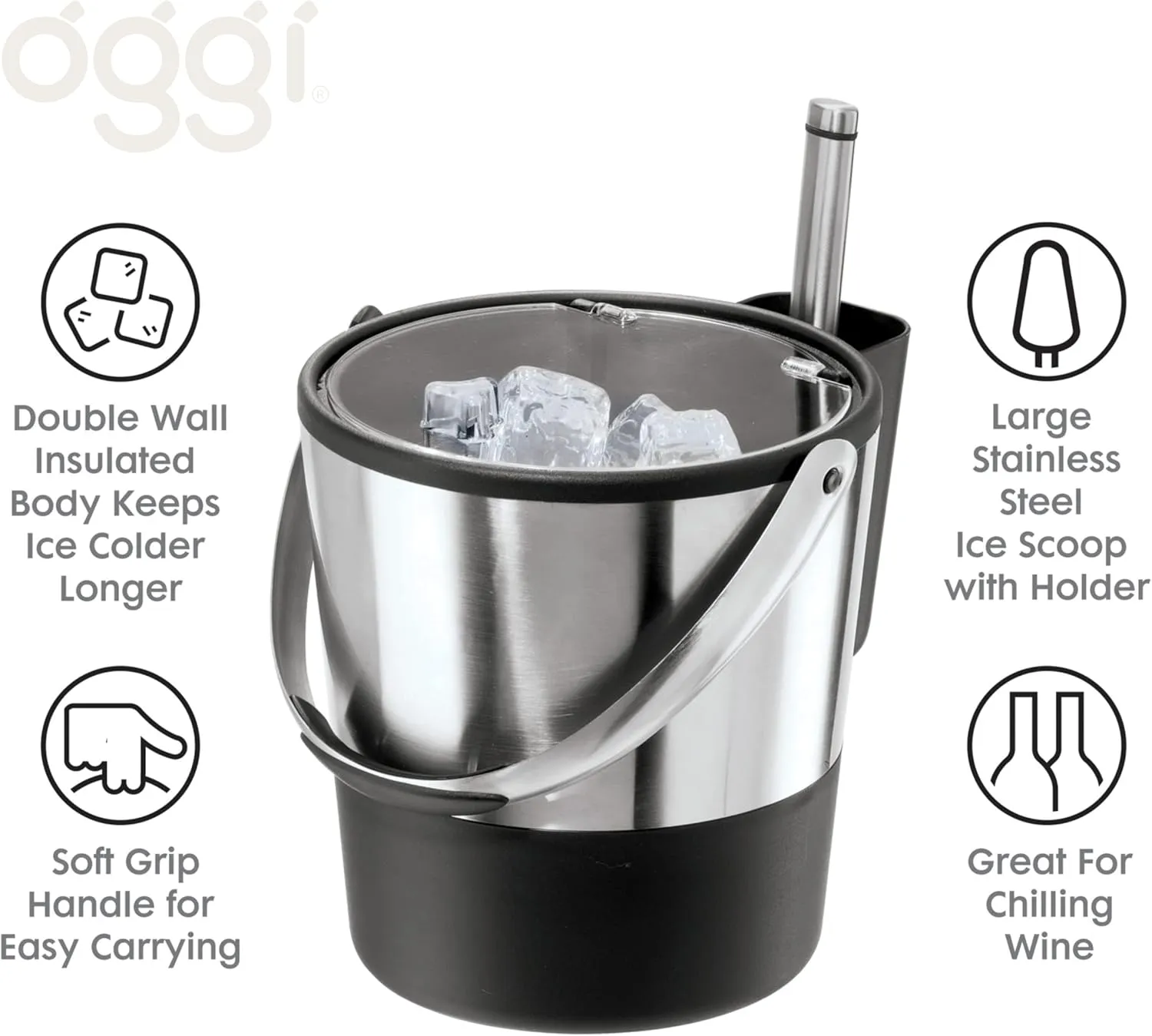 Oggi Insulated Ice Bucket, 4 Quart / 3.8 L, Stainless Steel, Black.