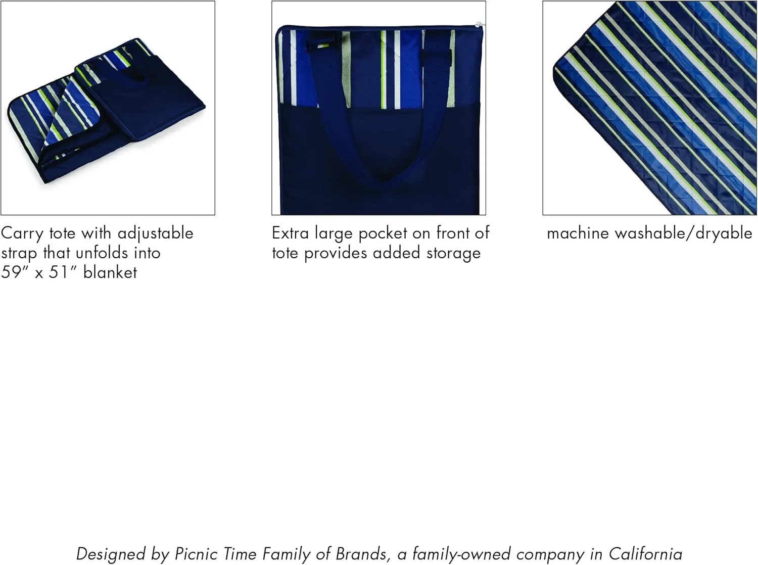ONIVA - a Picnic Time brand - Vista Outdoor Picnic Blanket & Tote - Beach Blanket - Camping Blanket, (Fun Stripe Pattern with Aqua Blue Exterior)