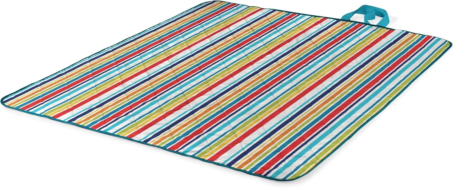 ONIVA - a Picnic Time brand - Vista Outdoor Picnic Blanket & Tote - Beach Blanket - Camping Blanket, (Fun Stripe Pattern with Aqua Blue Exterior)