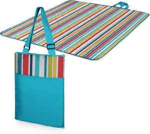 ONIVA - a Picnic Time brand - Vista Outdoor Picnic Blanket & Tote - Beach Blanket - Camping Blanket, (Fun Stripe Pattern with Aqua Blue Exterior)