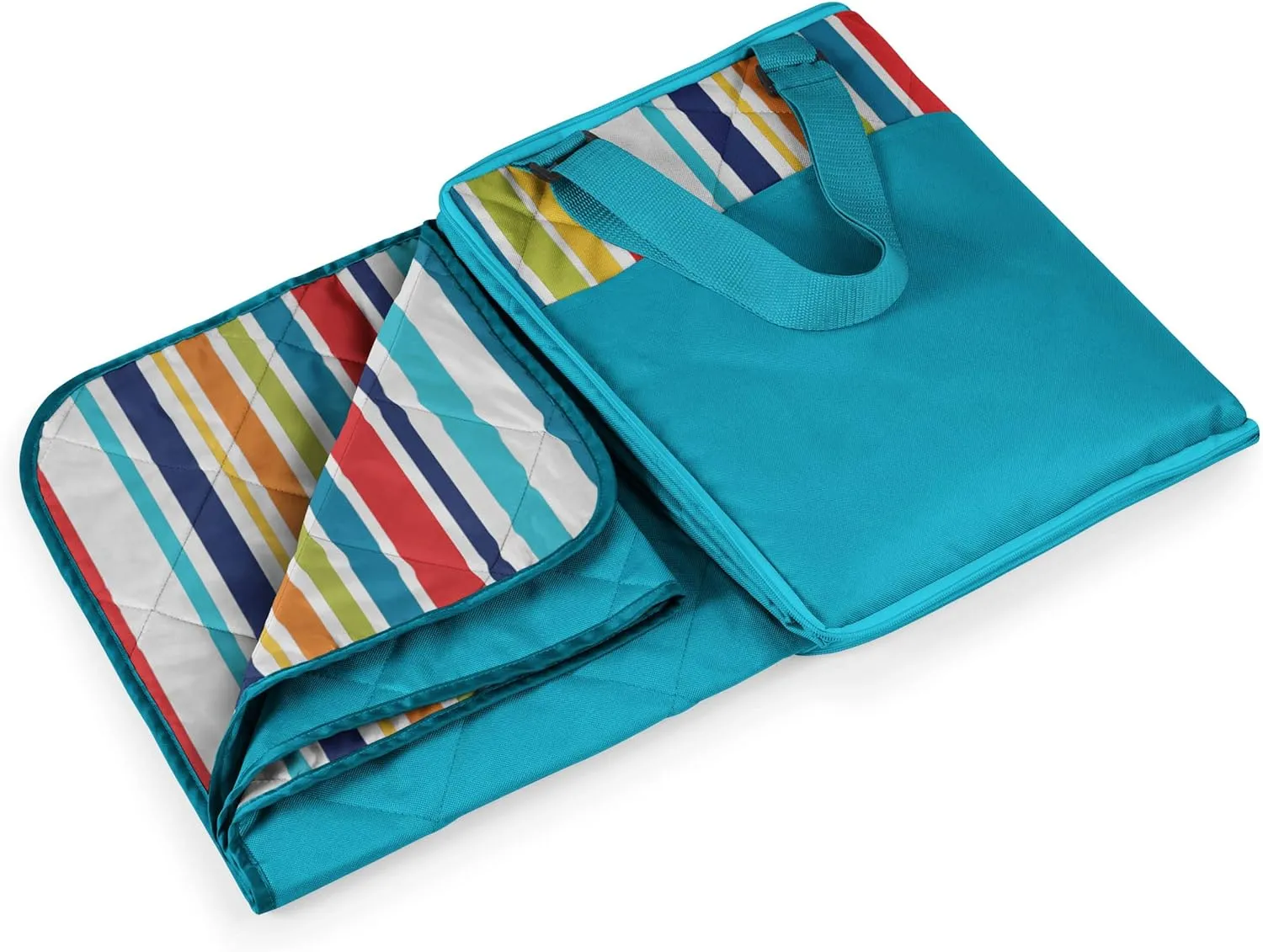 ONIVA - a Picnic Time brand - Vista Outdoor Picnic Blanket & Tote - Beach Blanket - Camping Blanket, (Fun Stripe Pattern with Aqua Blue Exterior)