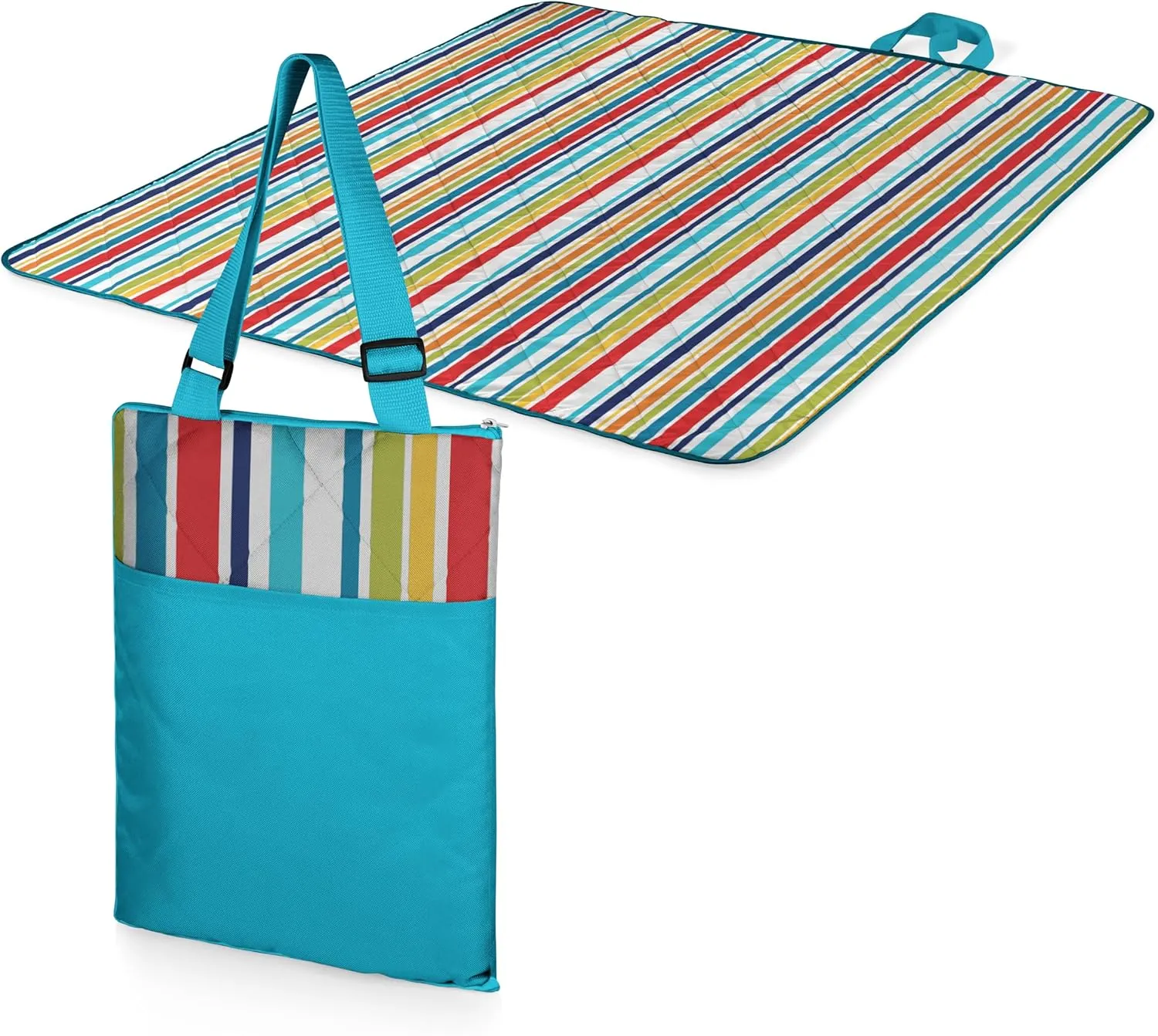 ONIVA - a Picnic Time brand - Vista Outdoor Picnic Blanket & Tote - Beach Blanket - Camping Blanket, (Fun Stripe Pattern with Aqua Blue Exterior)